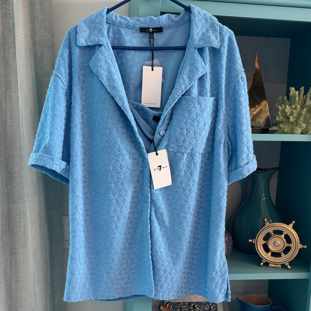NWT 7 For All Mankind Light Blue Textured Casual Shirt 2 Piece Set Large